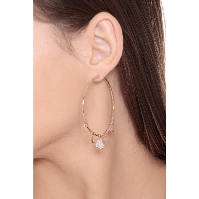 18k rose gold hoop earrings with heart pendants and diamonds 