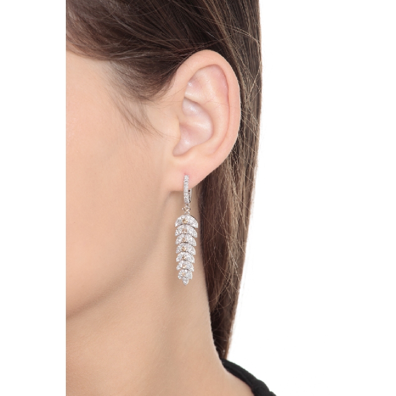 18k white gold drop earrings feather shaped with white and brown diamonds 