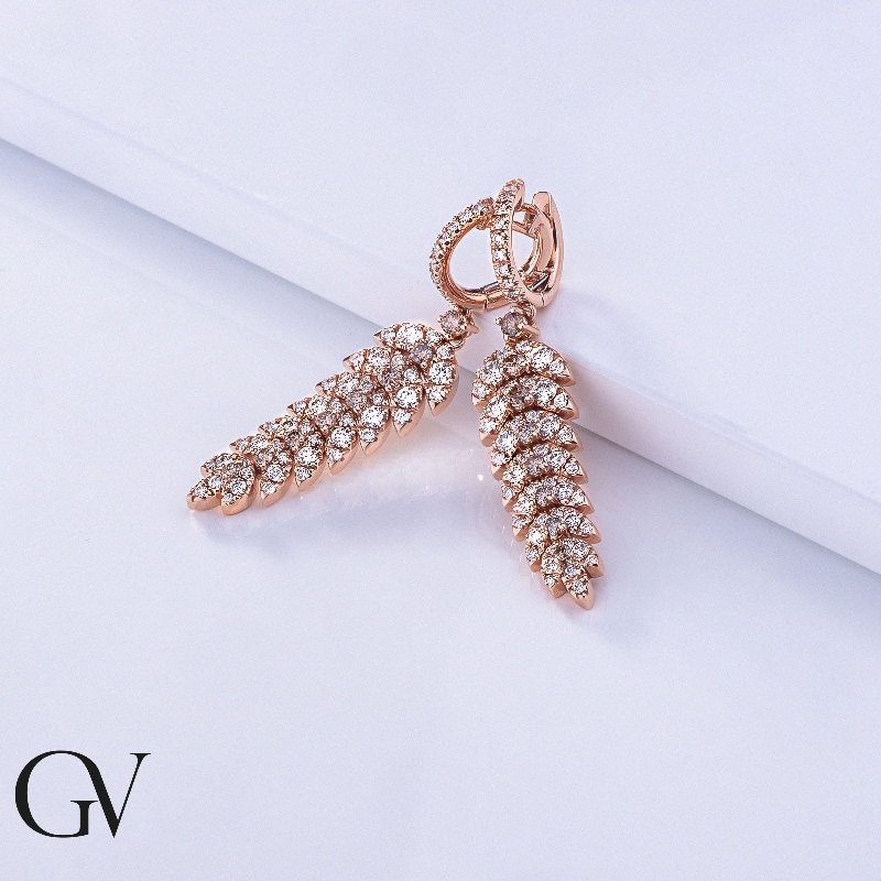 18k rose gold drop earrings feather shaped with white and brown diamonds 