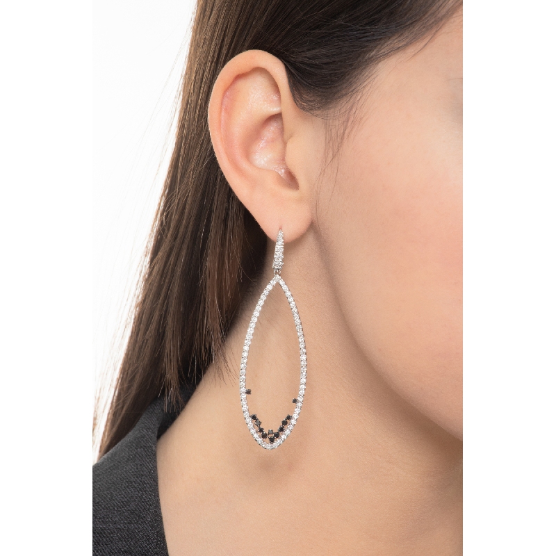White gold 18k drop oval earrings with black and white diamonds 