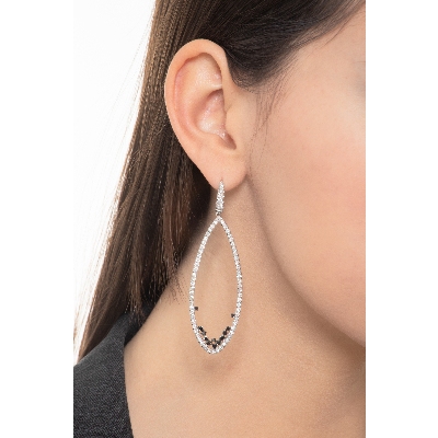 White gold 18k drop oval earrings with black and white diamonds 