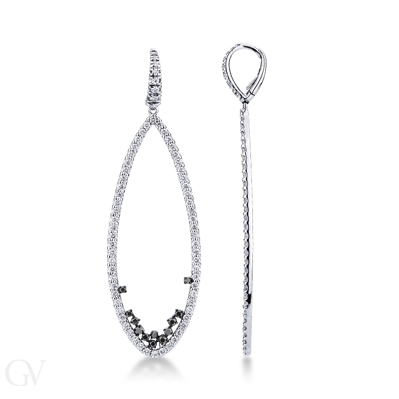 White gold 18k drop oval earrings with black and white diamonds 