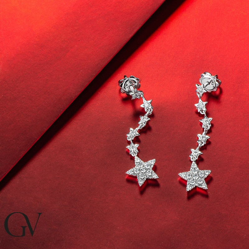 White gold 18k drop earrings with stars and diamonds 