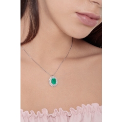 Necklace with pendant, oval emerald and 2 rows of diamonds 2