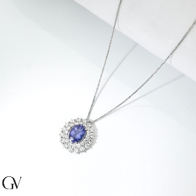 18k white gold necklace with central tanzanite and diamonds