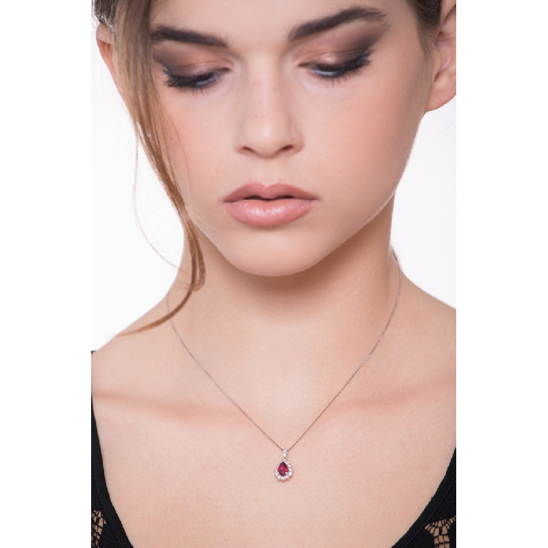 Necklace with pendant,central pear cut ruby and diamonds