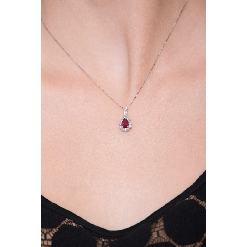 Necklace with pendant,central pear cut ruby and diamonds