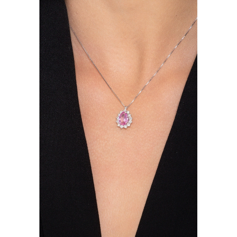 Necklace with pendant, pear shaped pink sapphire and diamonds