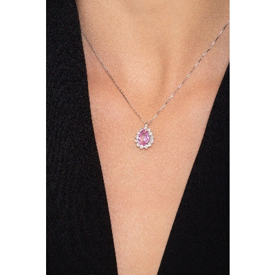 Necklace with pendant, pear shaped pink sapphire and diamonds
