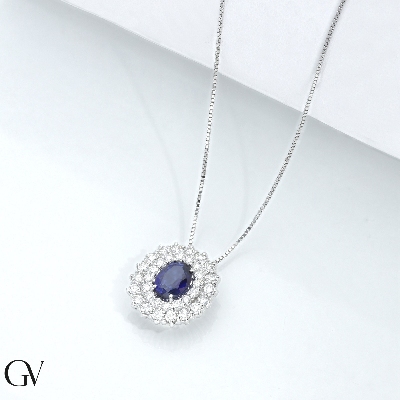 18k white gold double halo necklace with central blue sapphire and diamonds 