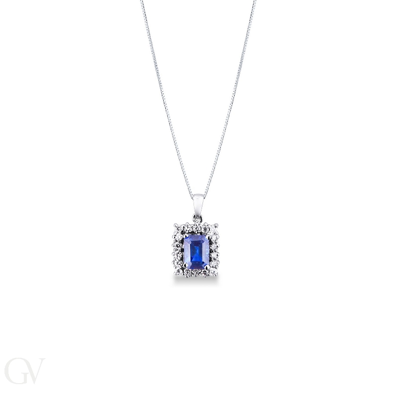 Necklace with pendant, central emerald cut blue sapphire and diamonds