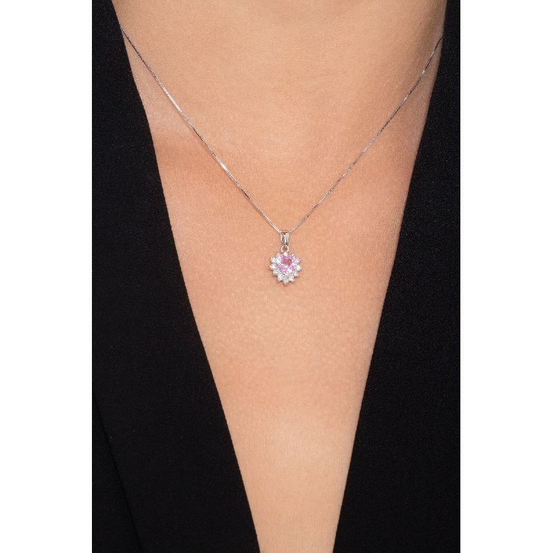 Necklace with pendant, central heart shaped pink sapphire and diamonds