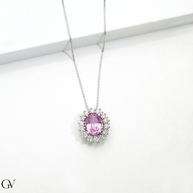 Necklace in white gold 18k with pink sapphire and diamonds
