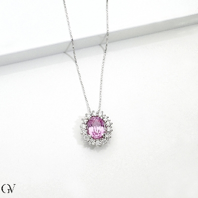 Necklace in white gold 18k with pink sapphire and diamonds