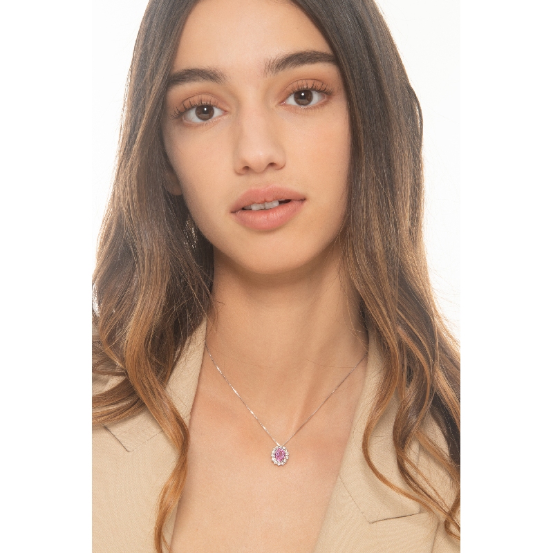 Necklace in white gold 18k with pink sapphire and diamonds