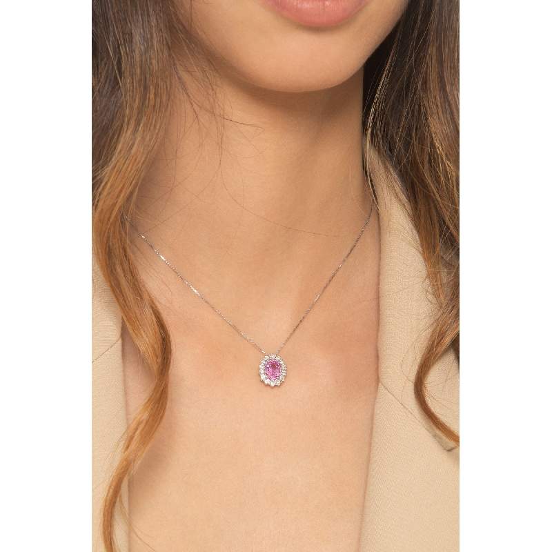 Necklace in white gold 18k with pink sapphire and diamonds
