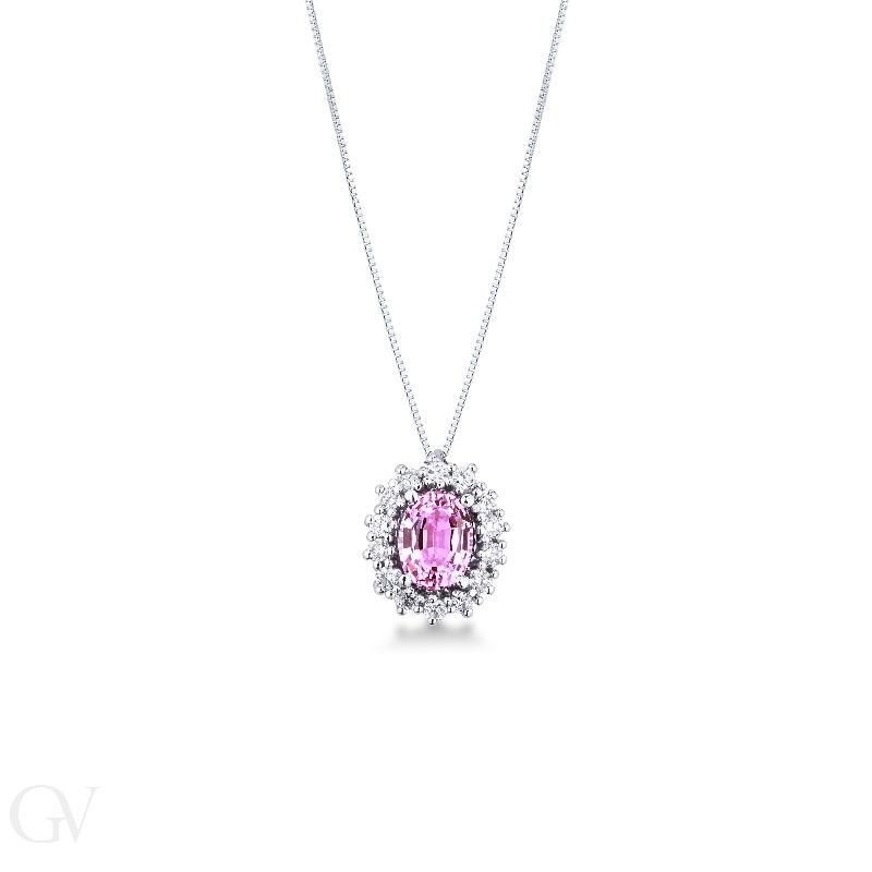 Necklace in white gold 18k with pink sapphire and diamonds