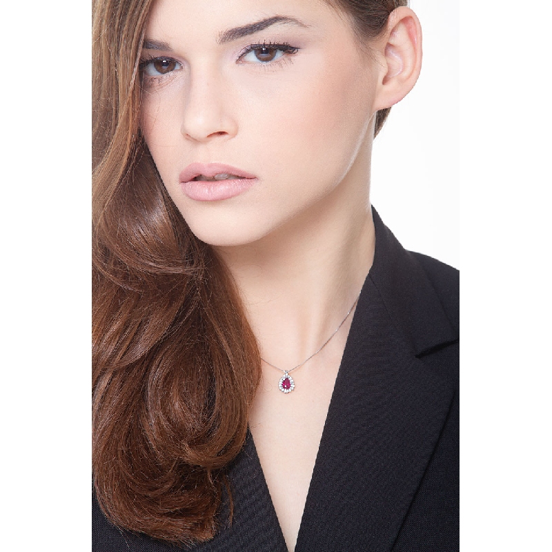 Necklace with diamonds and pear cut ruby pendant