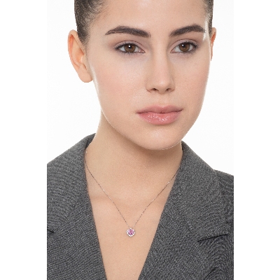 Halo necklace with pink sapphire and diamonds