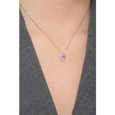 Halo necklace with pink sapphire and diamonds