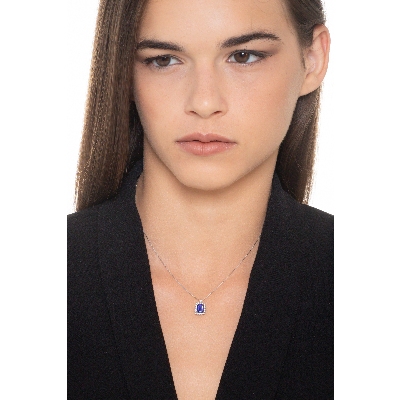 Necklace with pendant, emerald cut blue sapphire and diamonds