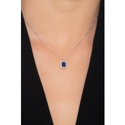 Necklace with pendant, emerald cut blue sapphire and diamonds 2