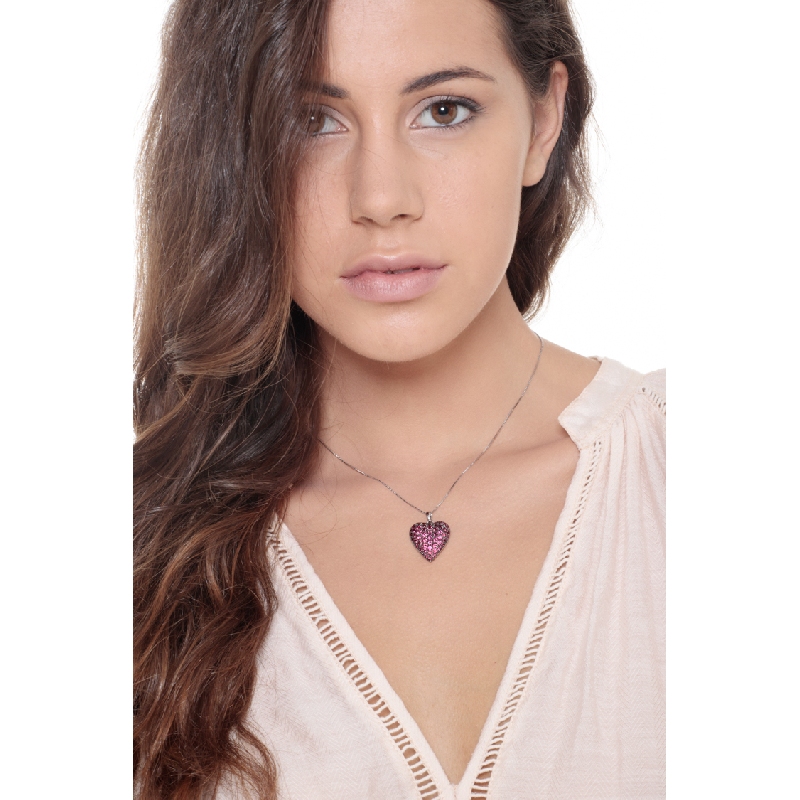 18k white gold necklace with Heart pendant with ruby pavè