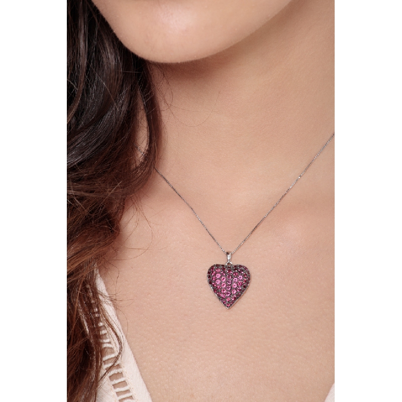 18k white gold necklace with Heart pendant with ruby pavè
