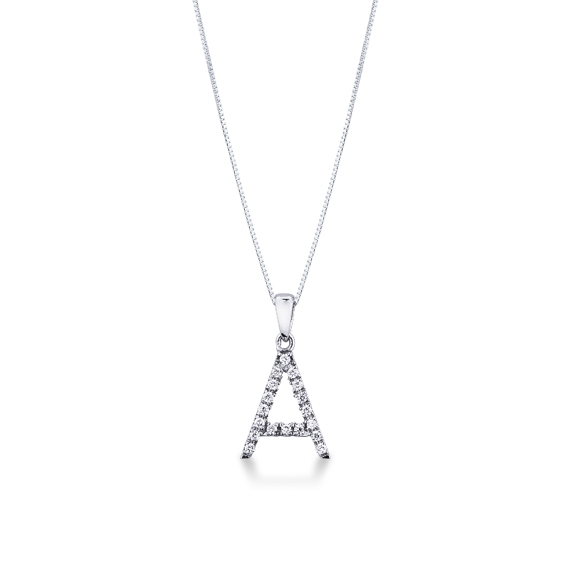 Letter A pendant with diamonds in 18k white gold