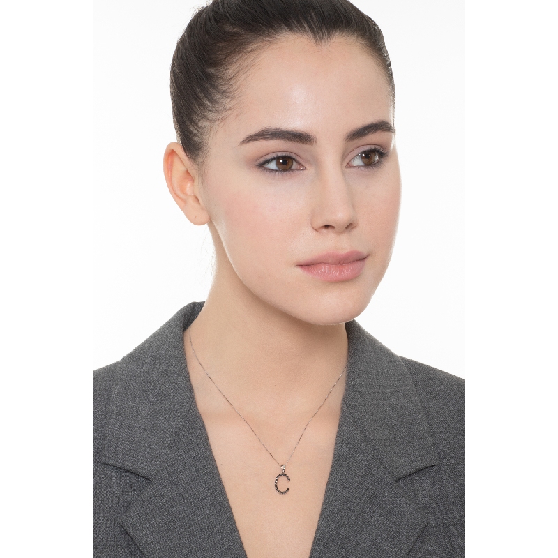 18k white gold letter C with black diamonds