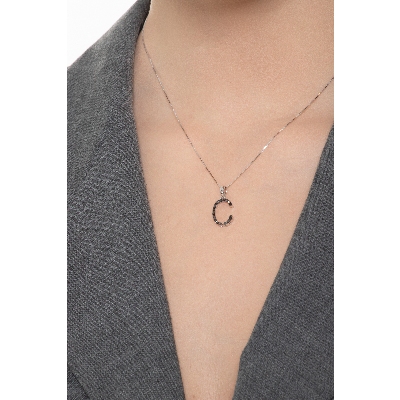 18k white gold letter C with black diamonds