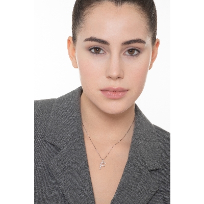 Letter F pendant with diamonds in white gold 18k