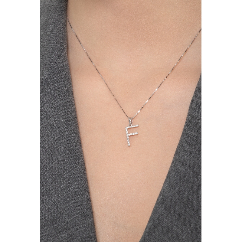 Letter F pendant with diamonds in white gold 18k