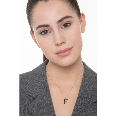 18k white gold letter F with black diamonds