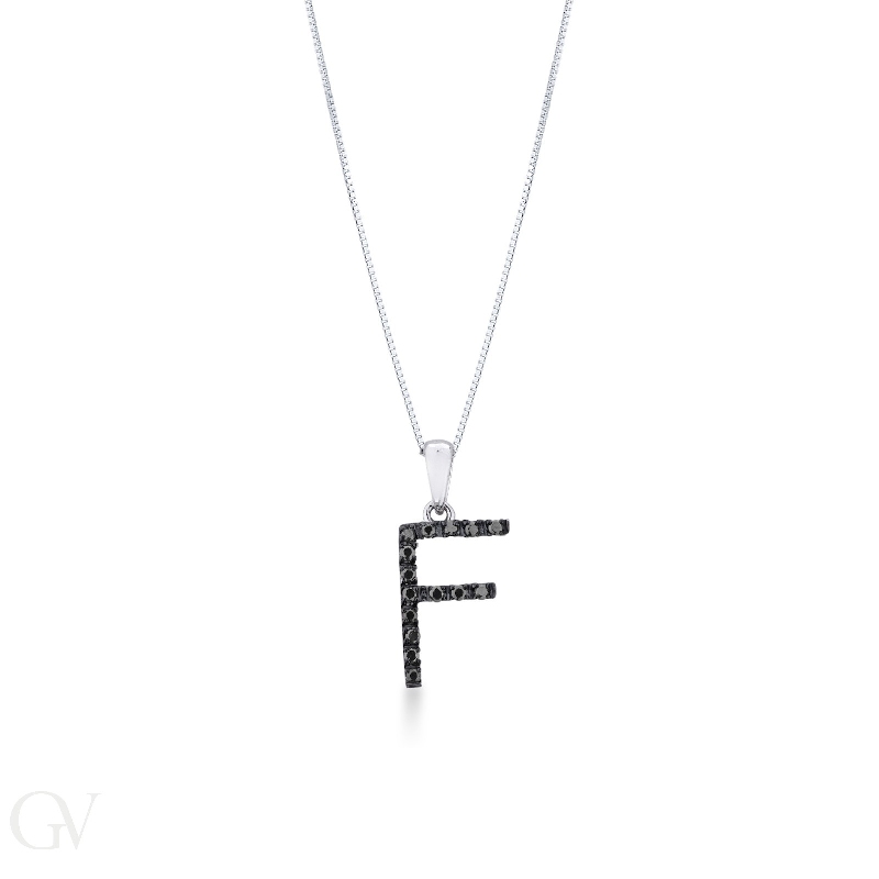 18k white gold letter F with black diamonds