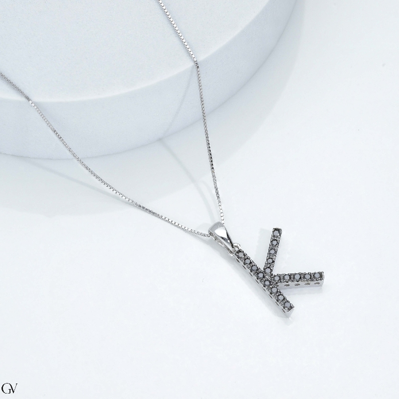 18k white gold necklace with letter k pendant with black diamonds