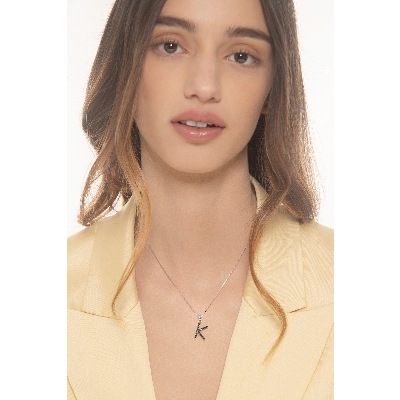 18k white gold necklace with letter k pendant with black diamonds