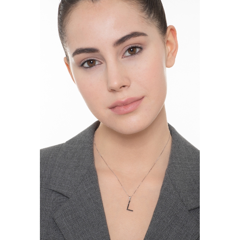 18k white gold letter L with black diamonds