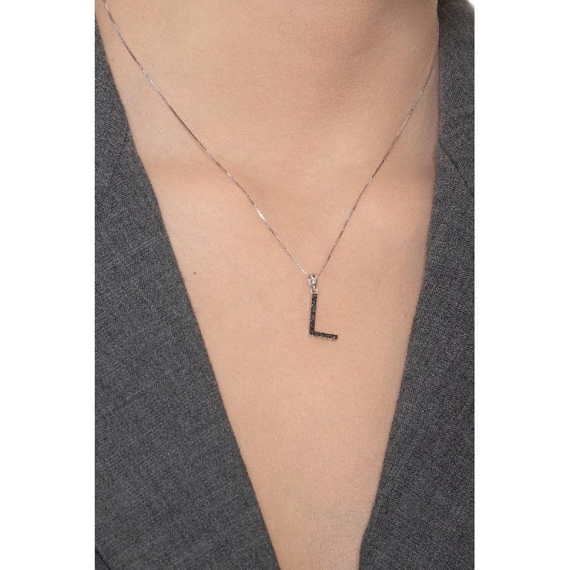 18k white gold letter L with black diamonds