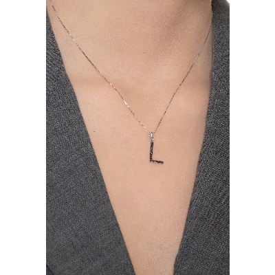 18k white gold letter L with black diamonds