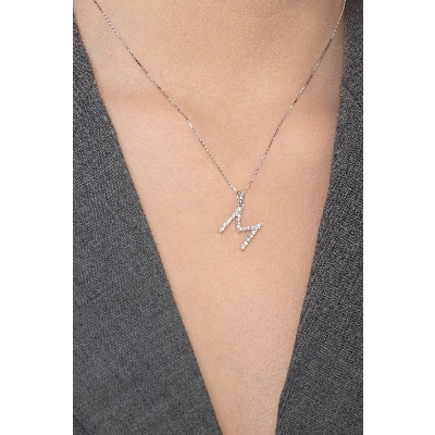 Letter M pendant with diamonds in 18k white gold