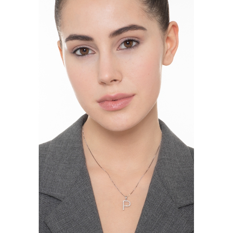 Collana lettera P in oro bianco 18k con diamanti
