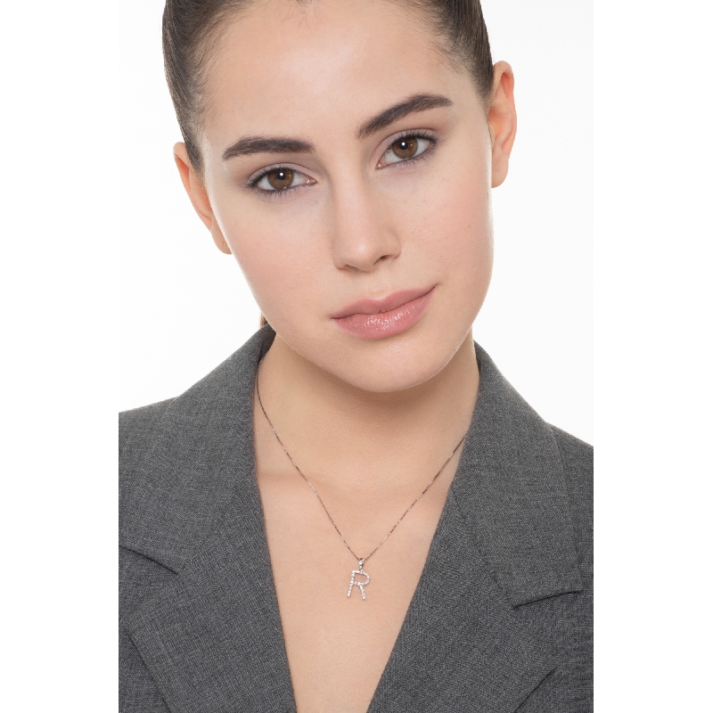 Letter R pendant with diamonds in 18k white gold