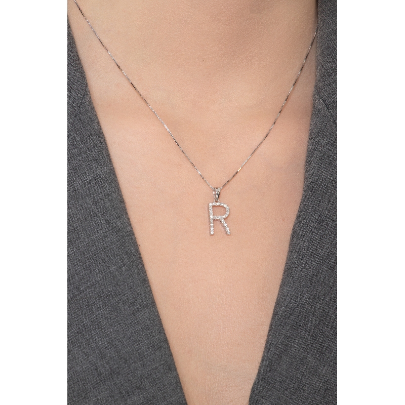 Letter R pendant with diamonds in 18k white gold