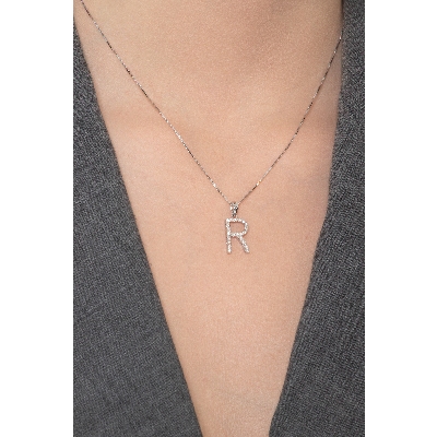 Letter R pendant with diamonds in 18k white gold