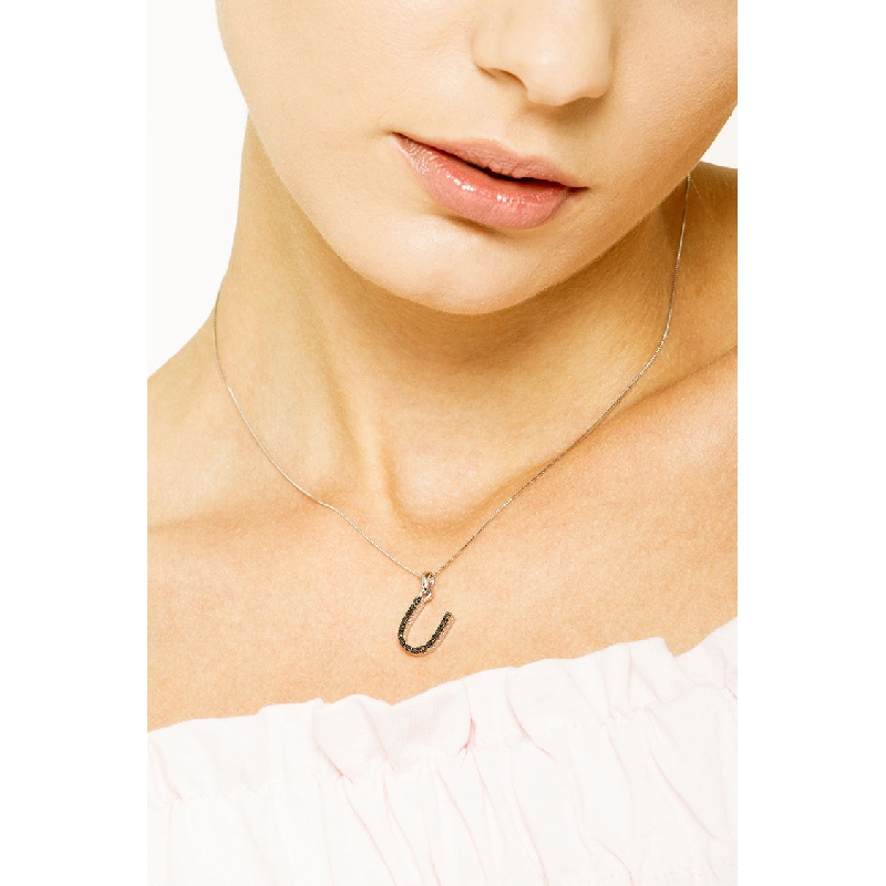 18k white gold letter U with black diamonds