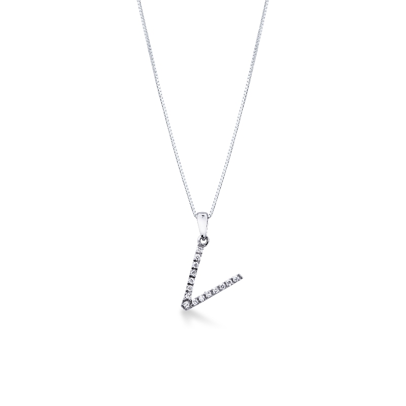 Letter V pendant with round cut diamonds