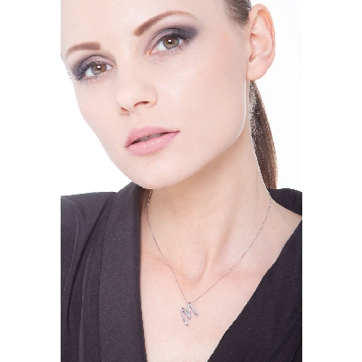 18k white gold letter M with solitaire diamond