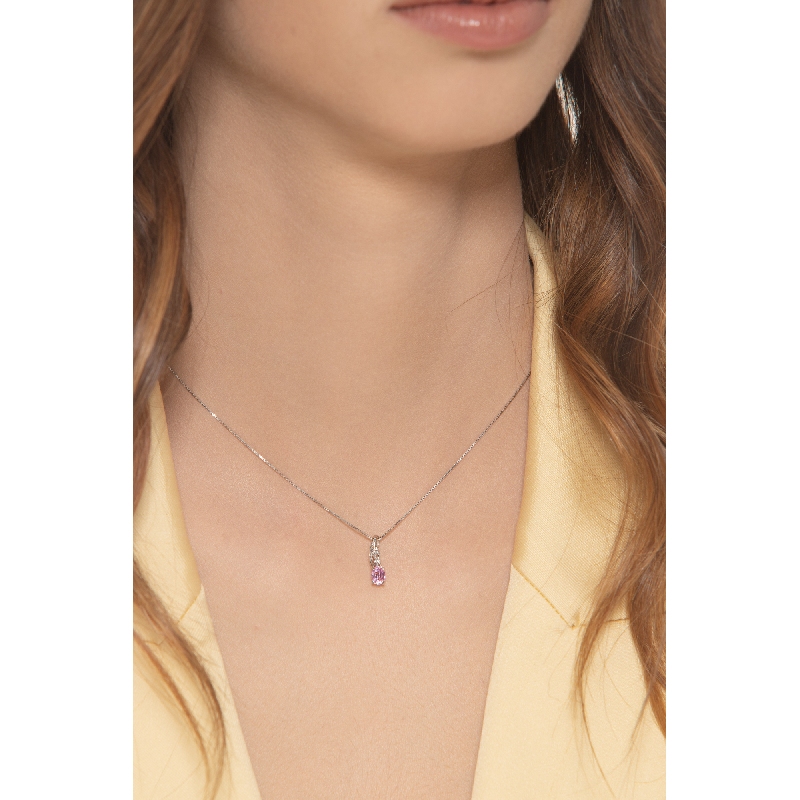 18k white gold necklace with pink sapphire oval cut and diamonds 