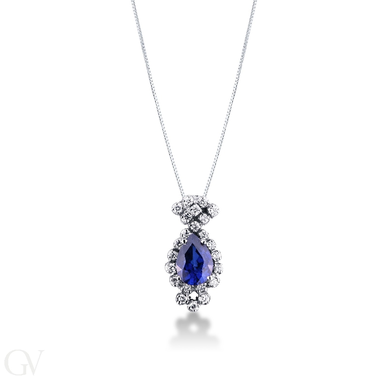 18k white gold blue sapphire pendant with diamonds 